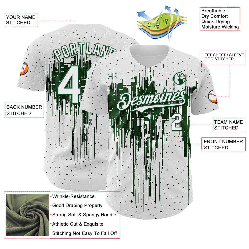 Custom White Green Dripping Splatter Paint Authentic Baseball Jersey view 3