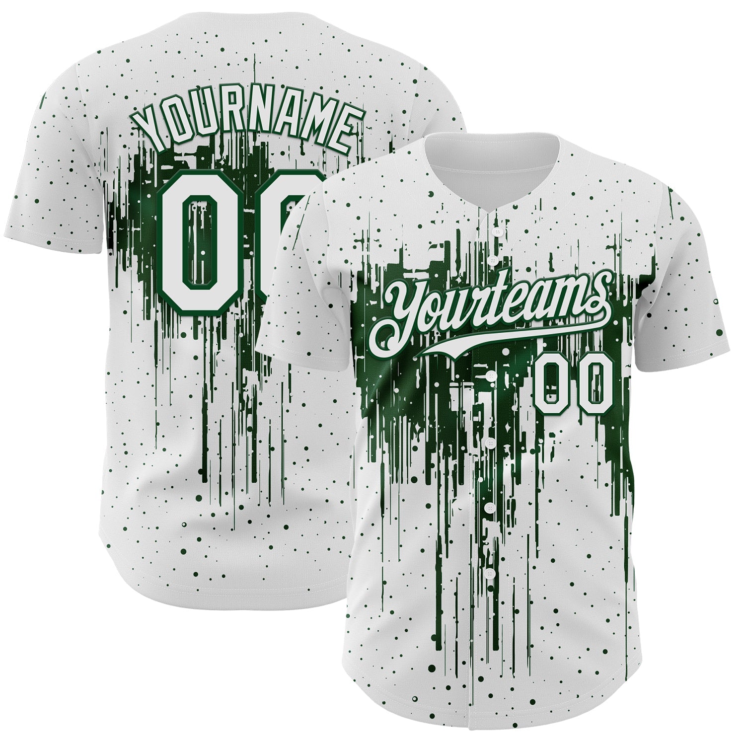 Custom White Green Dripping Splatter Paint Authentic Baseball Jersey - Main View