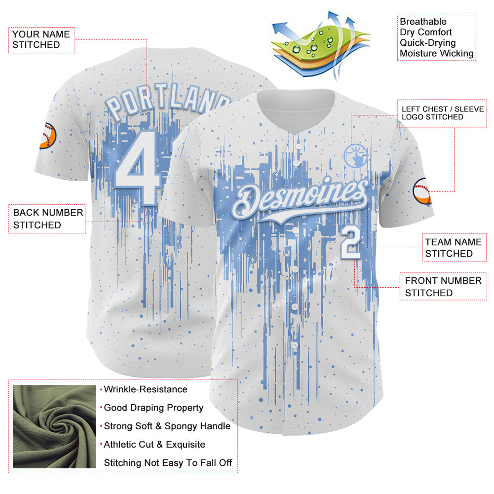 Custom White Light Blue Dripping Splatter Paint Authentic Baseball Jersey view 3
