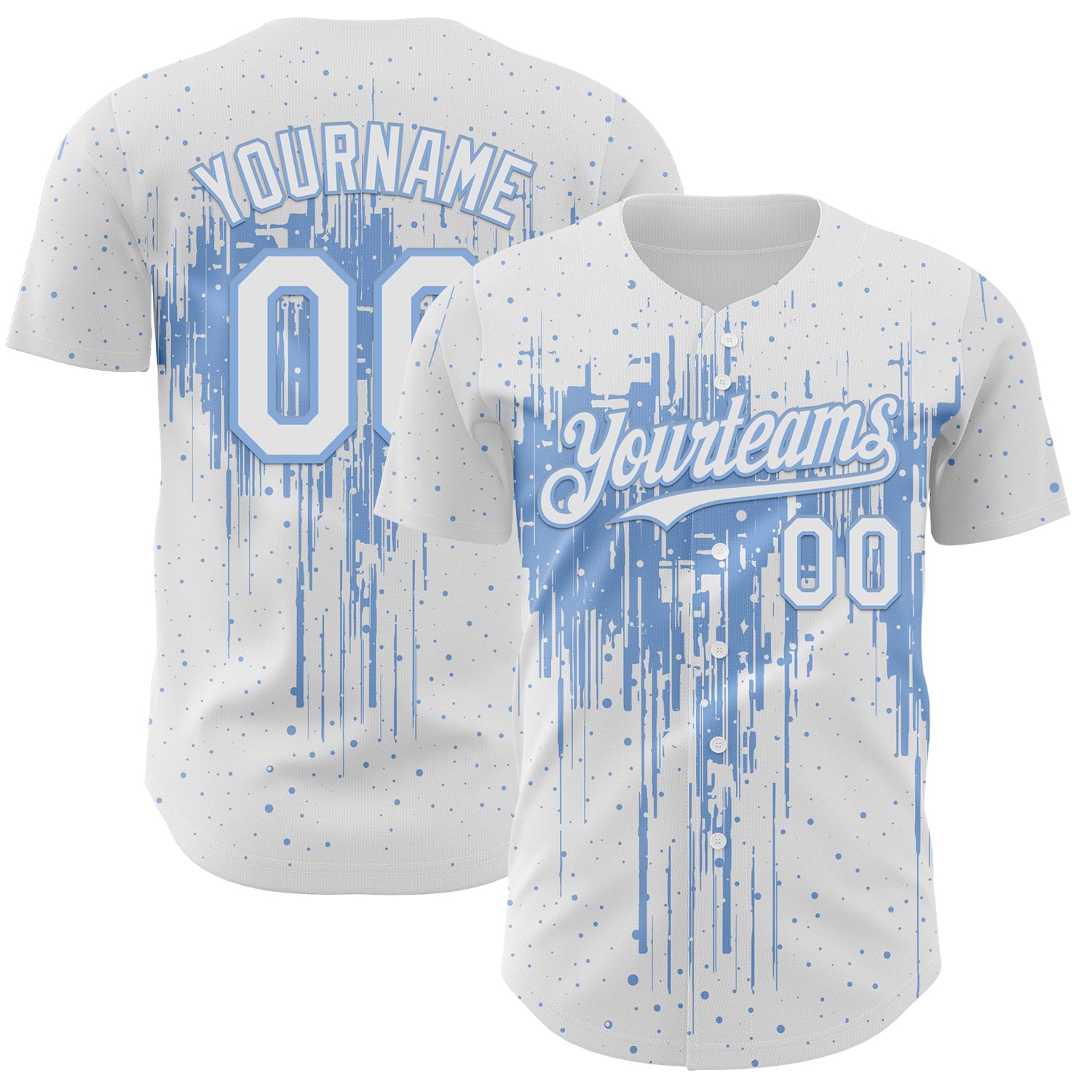 Custom White Light Blue Dripping Splatter Paint Authentic Baseball Jersey - Main View