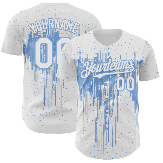 Custom White Light Blue Dripping Splatter Paint Authentic Baseball Jersey - Main View