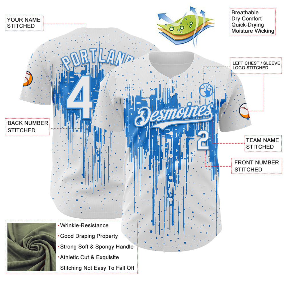 Custom White Powder Blue Dripping Splatter Paint Authentic Baseball Jersey view 3