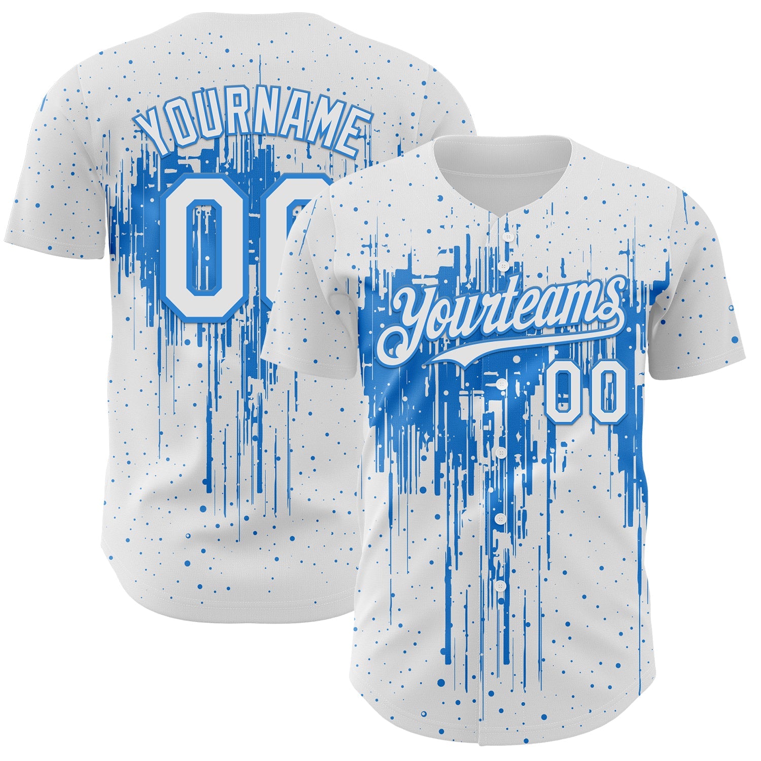 Custom White Powder Blue Dripping Splatter Paint Authentic Baseball Jersey - Main View