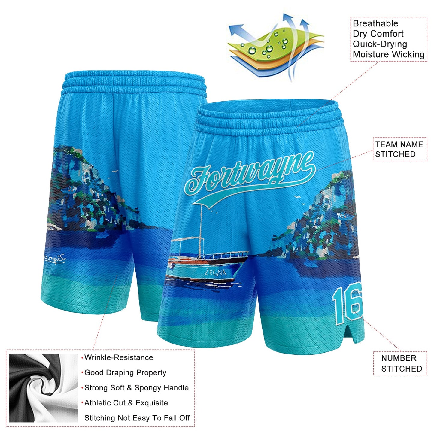 Custom Light Blue Lakes Blue-White 3D Pattern Hawaii Beach Island And Ship Authentic Basketball Shorts view 2