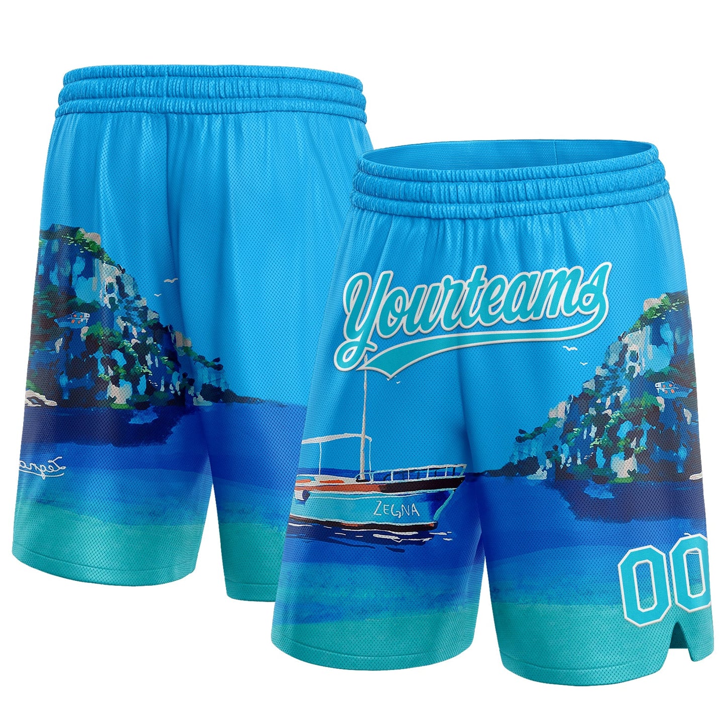 Custom Light Blue Lakes Blue-White 3D Pattern Hawaii Beach Island And Ship Authentic Basketball Shorts - Main View