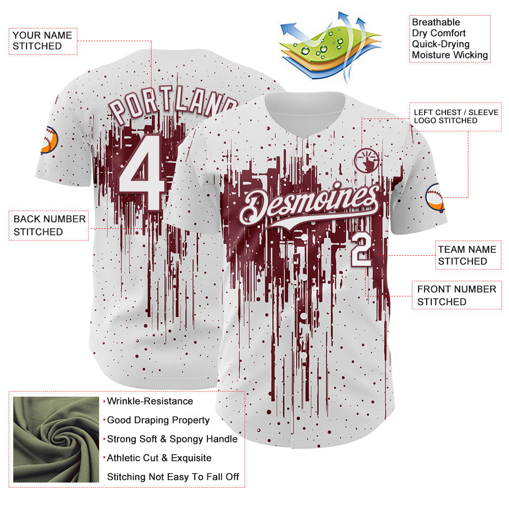 Custom White Burgundy Dripping Splatter Paint Authentic Baseball Jersey view 3