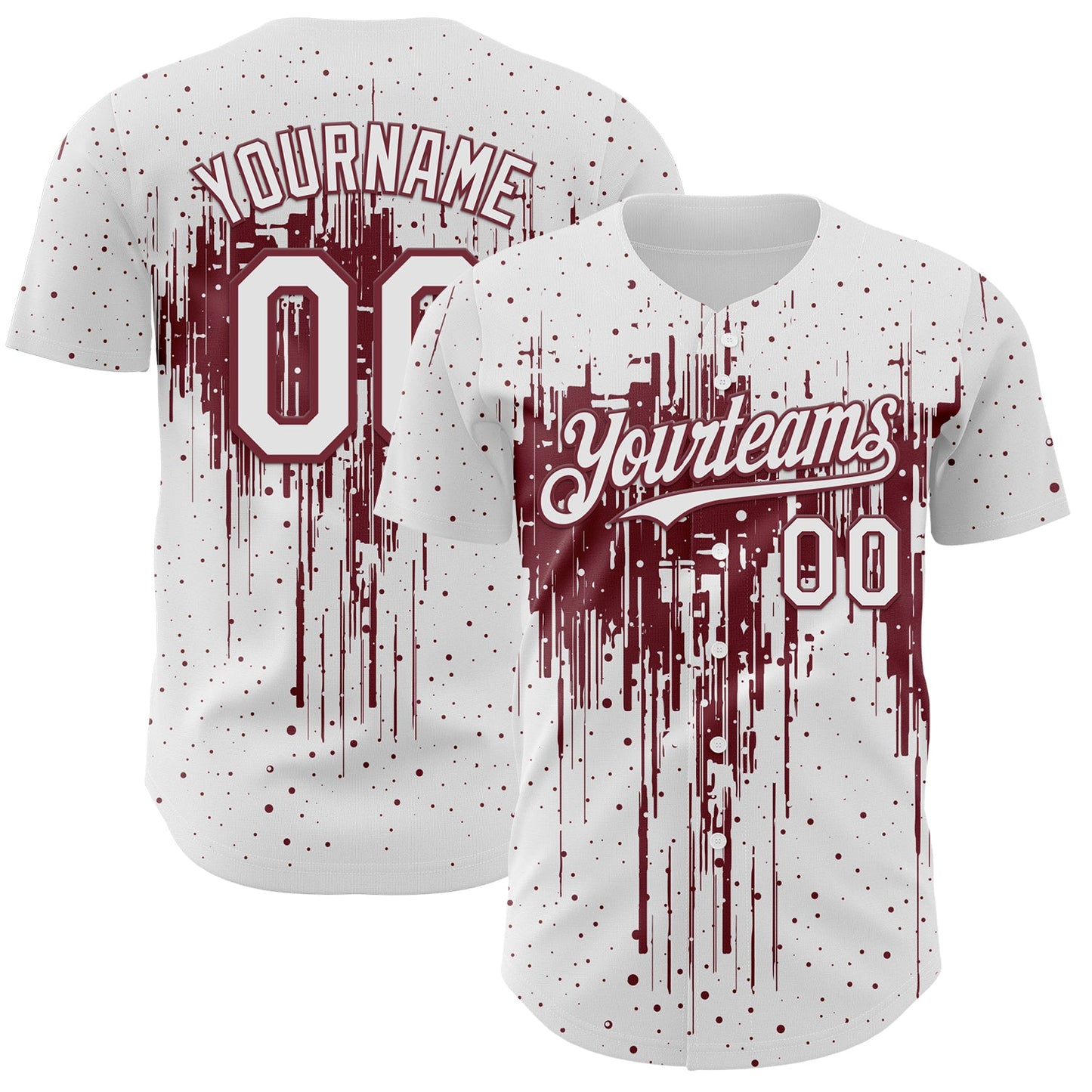 Custom White Burgundy Dripping Splatter Paint Authentic Baseball Jersey - Main View