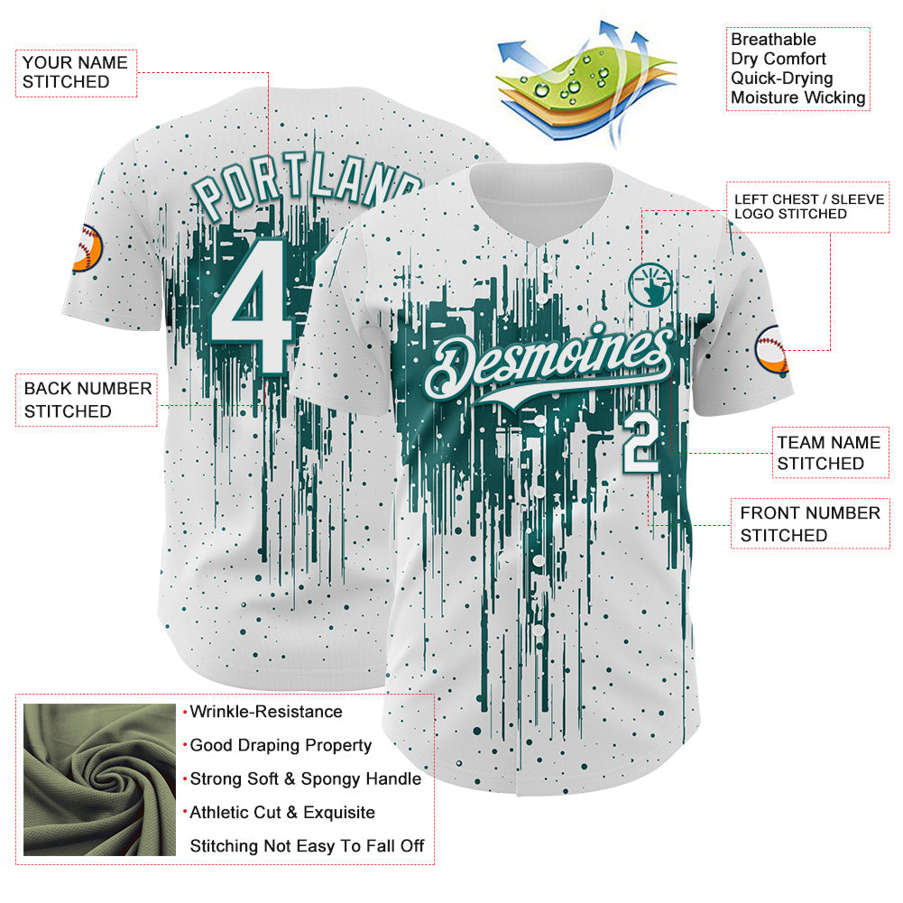 Custom White Teal Dripping Splatter Paint Authentic Baseball Jersey view 3
