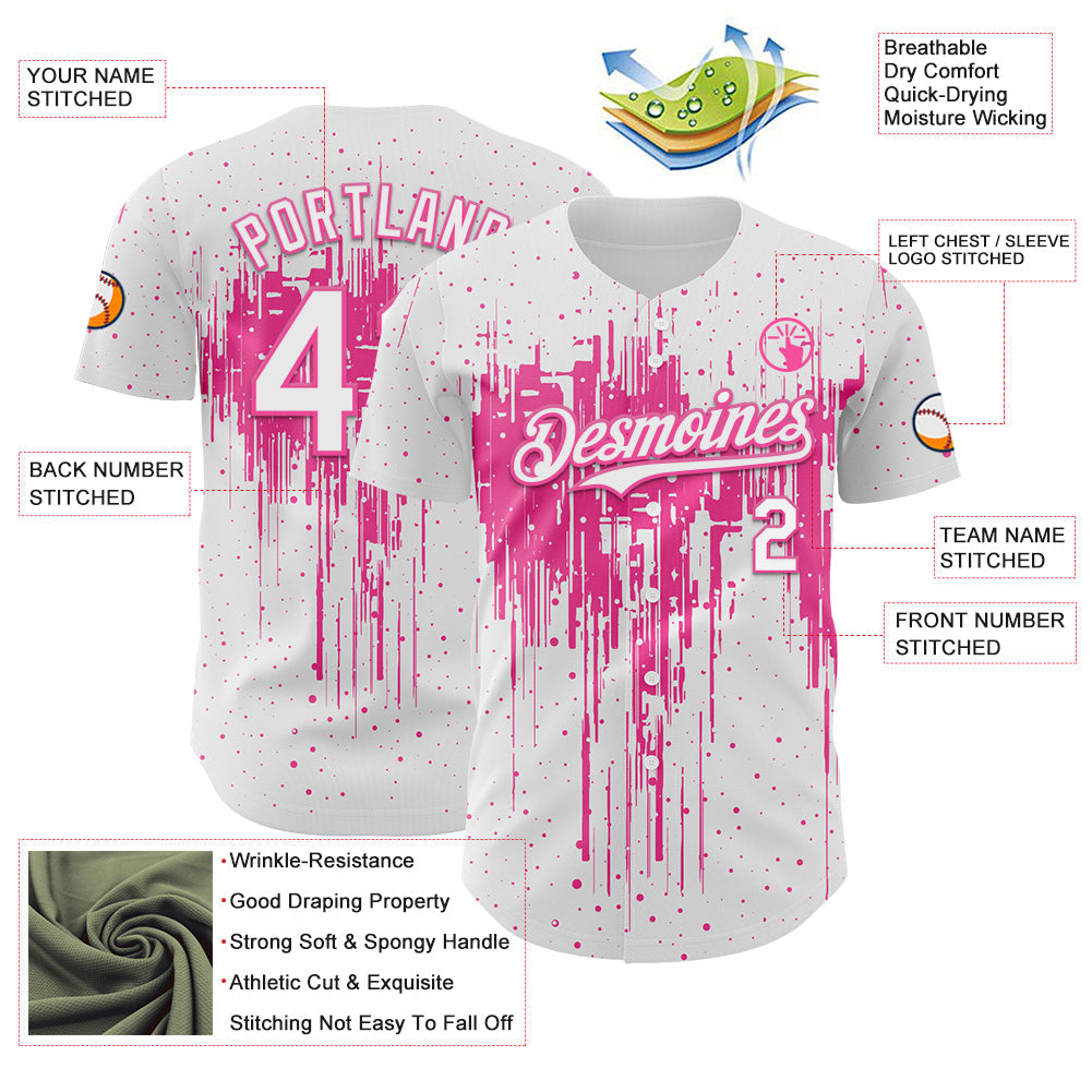 Custom White Pink Dripping Splatter Paint Authentic Baseball Jersey view 3