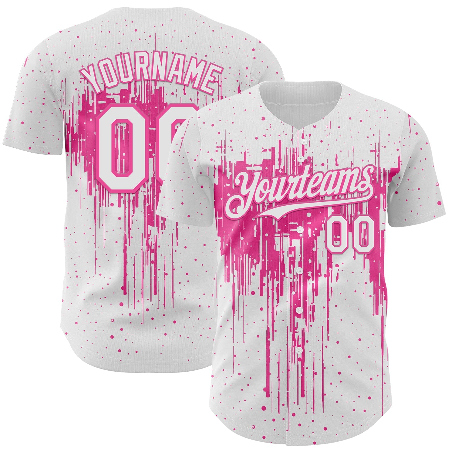 Custom White Pink Dripping Splatter Paint Authentic Baseball Jersey - Main View