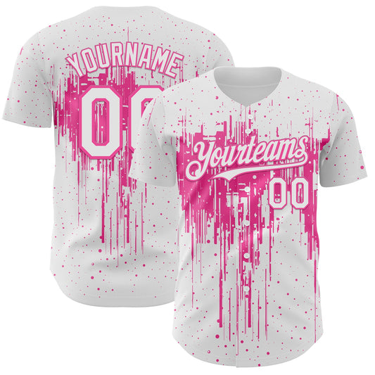 Custom White Pink Dripping Splatter Paint Authentic Baseball Jersey - Main View
