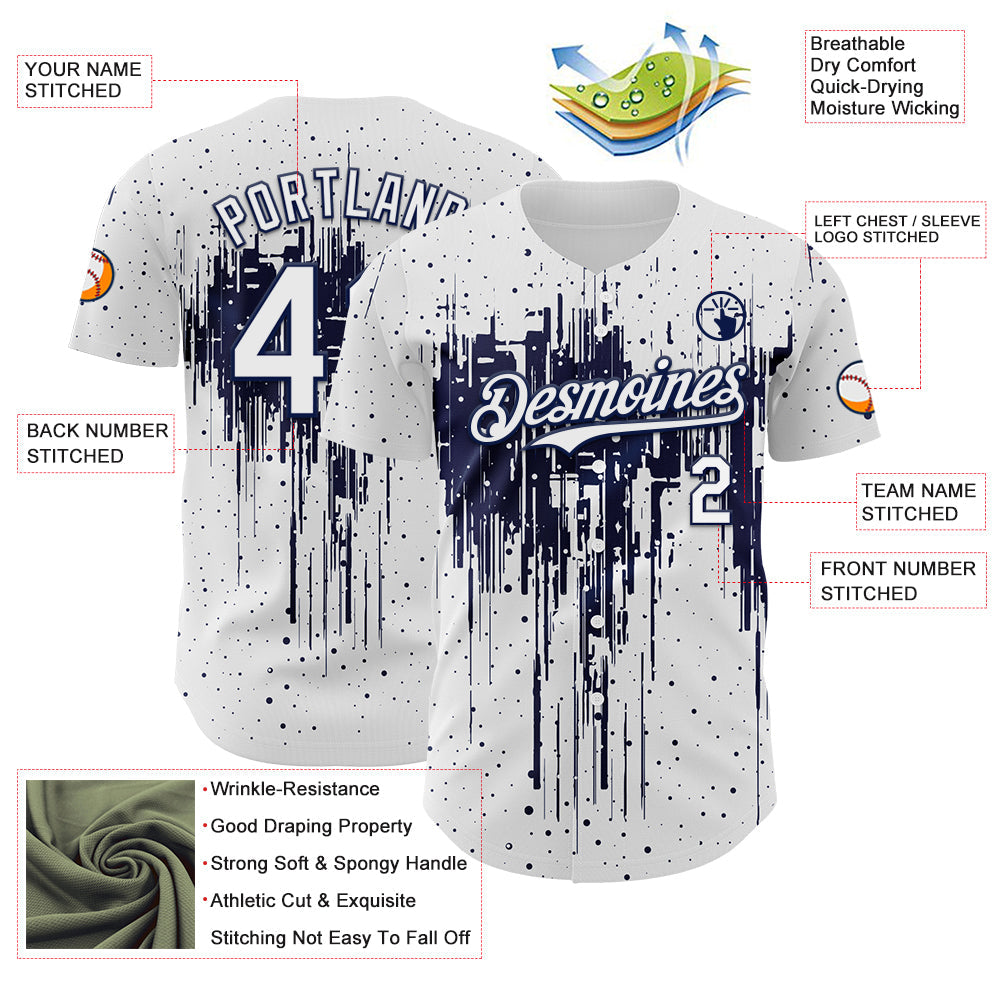 Custom White Navy Dripping Splatter Paint Authentic Baseball Jersey view 3