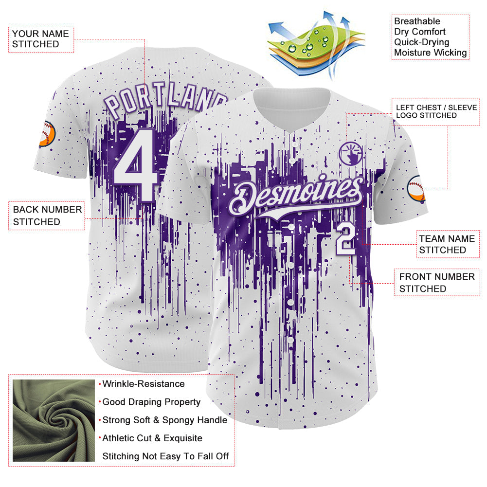 Custom White Purple Dripping Splatter Paint Authentic Baseball Jersey view 3