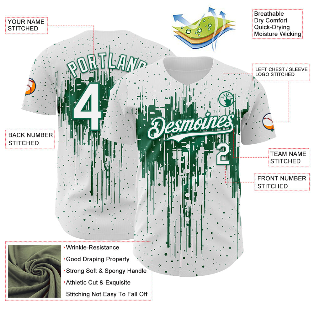 Custom White Kelly Green Dripping Splatter Paint Authentic Baseball Jersey view 3