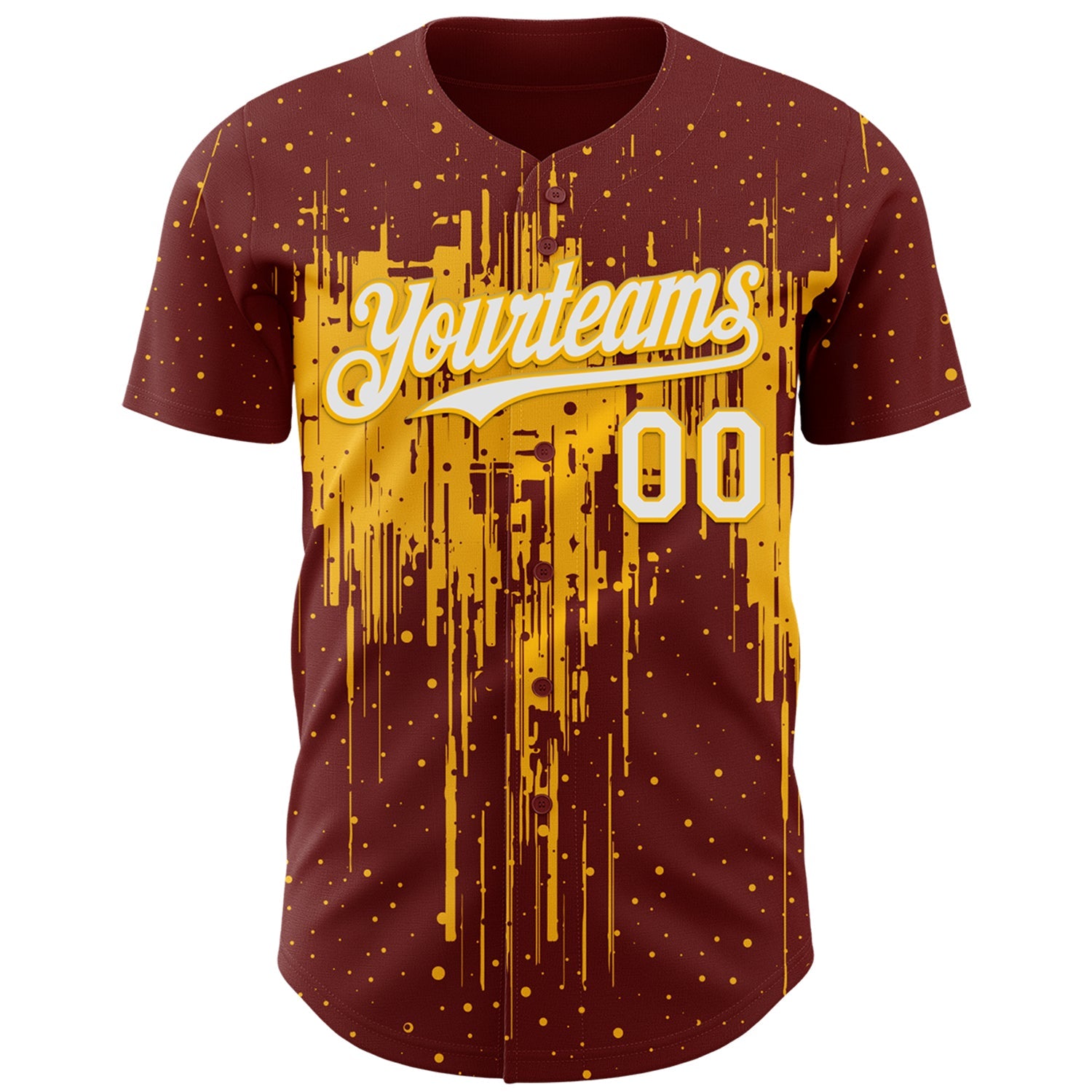 Custom Burgundy White-Gold Dripping Splatter Paint Authentic Baseball Jersey view 2