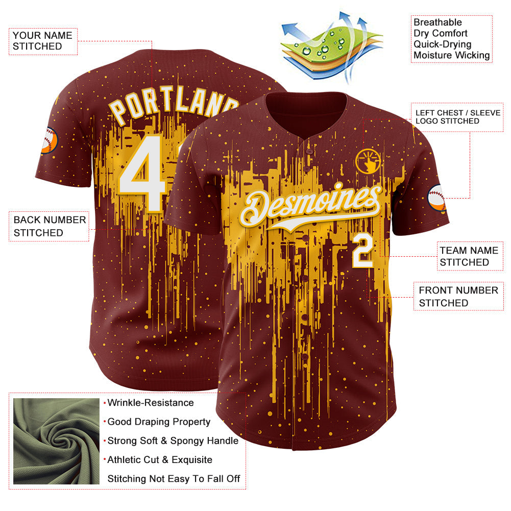 Custom Burgundy White-Gold Dripping Splatter Paint Authentic Baseball Jersey view 3