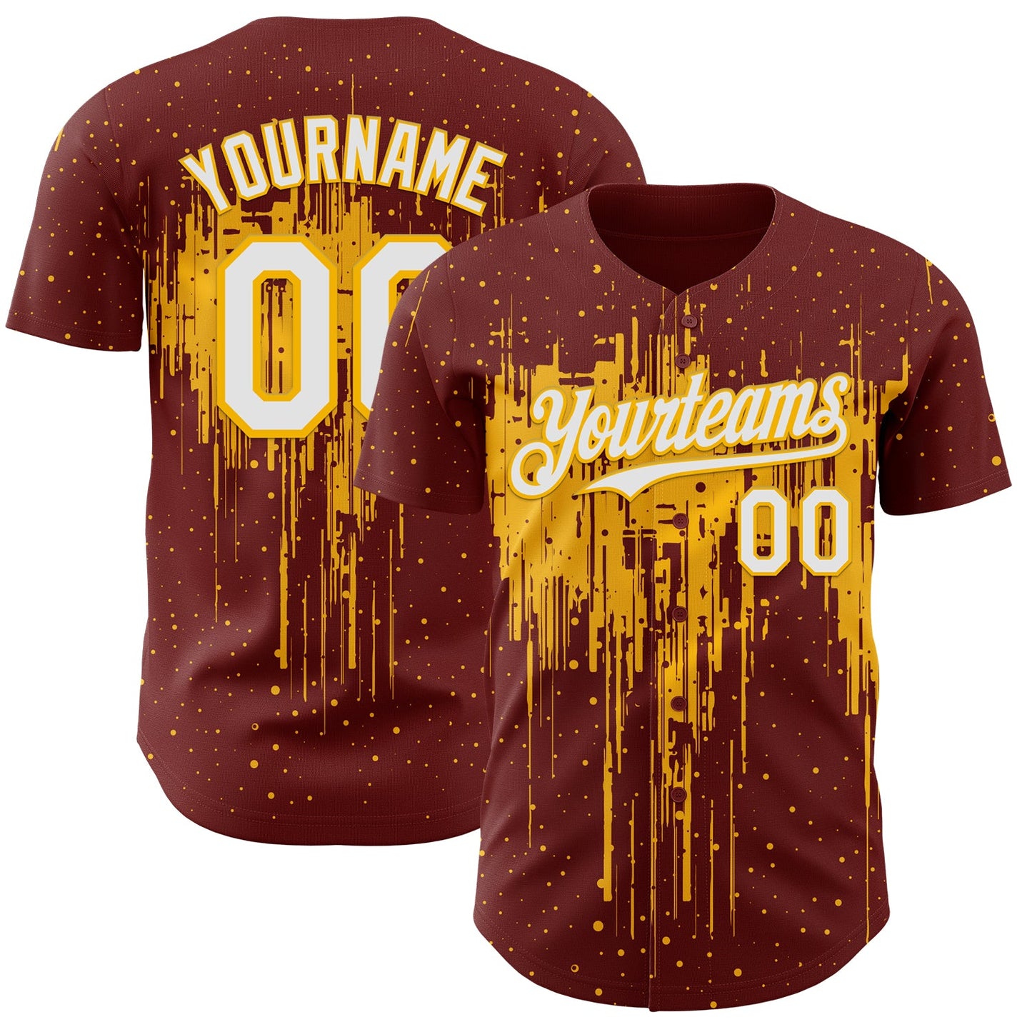 Custom Burgundy White-Gold Dripping Splatter Paint Authentic Baseball Jersey - Main View
