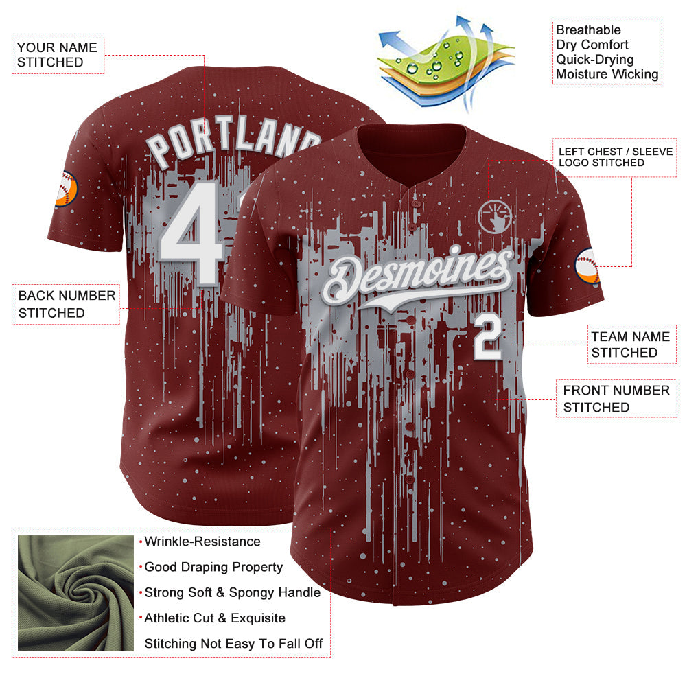 Custom Burgundy White-Gray Dripping Splatter Paint Authentic Baseball Jersey view 3
