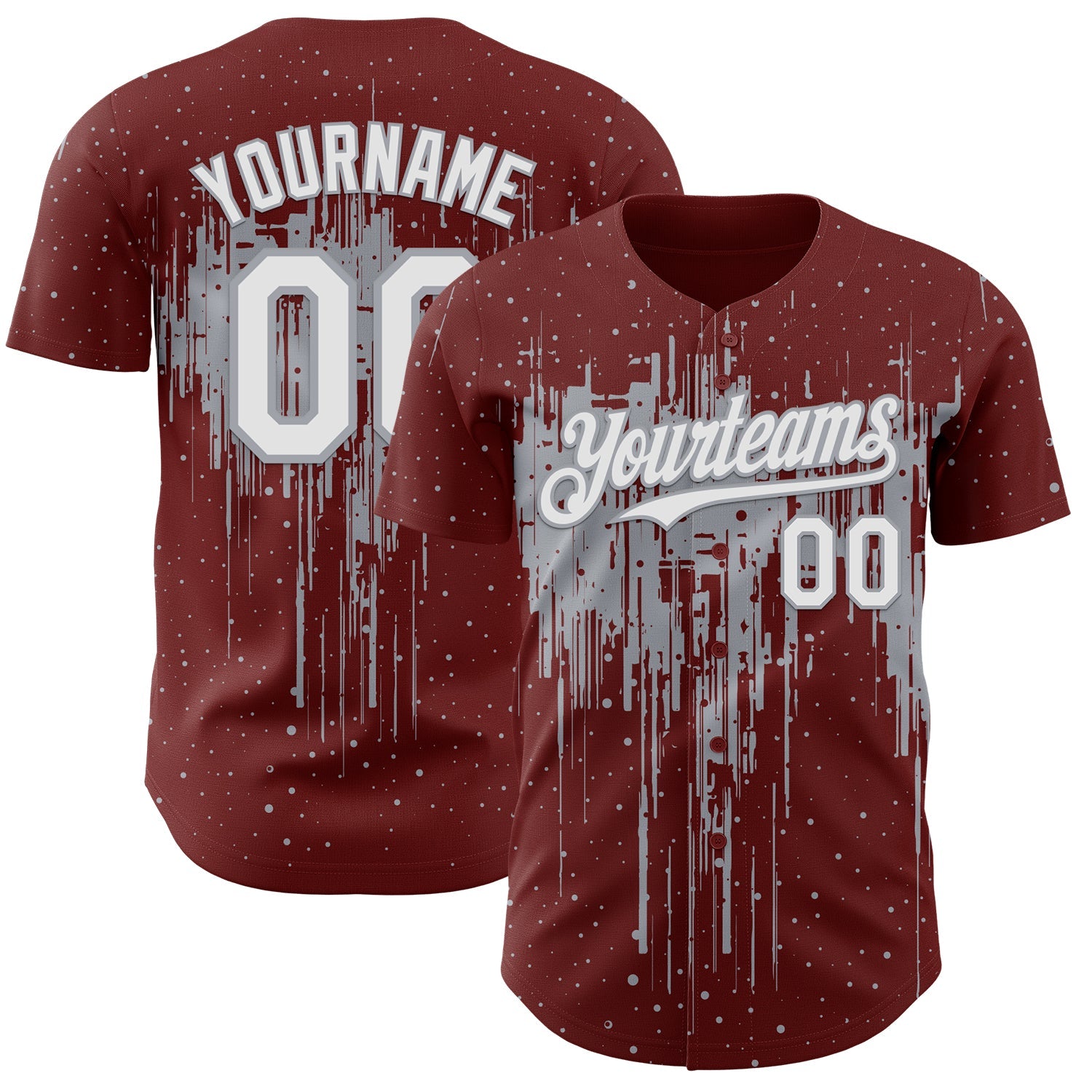 Custom Burgundy White-Gray Dripping Splatter Paint Authentic Baseball Jersey - Main View