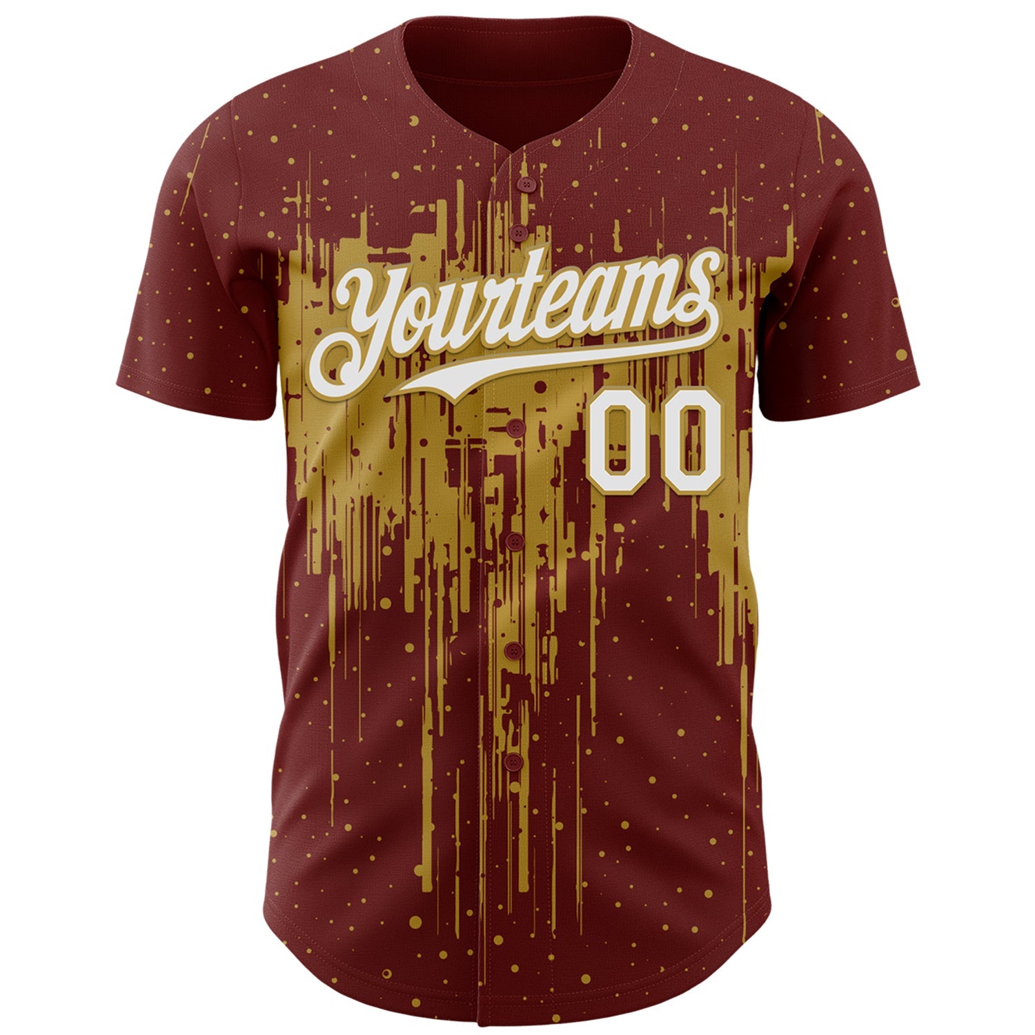 Custom Burgundy White-Old Gold Dripping Splatter Paint Authentic Baseball Jersey view 2