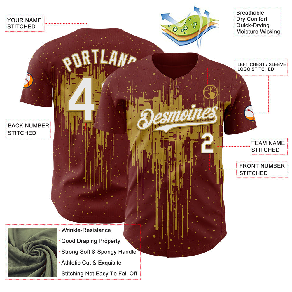 Custom Burgundy White-Old Gold Dripping Splatter Paint Authentic Baseball Jersey view 3
