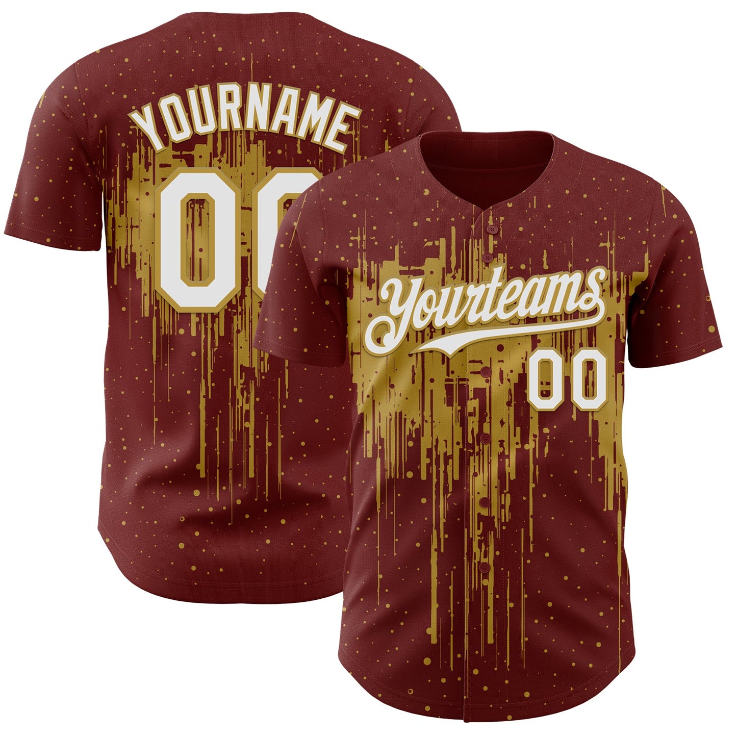 Custom Burgundy White-Old Gold Dripping Splatter Paint Authentic Baseball Jersey - Main View