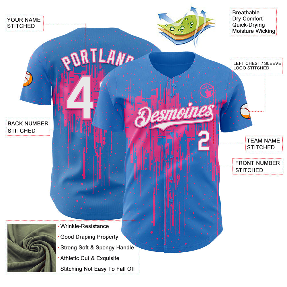 Custom Powder Blue White-Pink Dripping Splatter Paint Authentic Baseball Jersey view 3