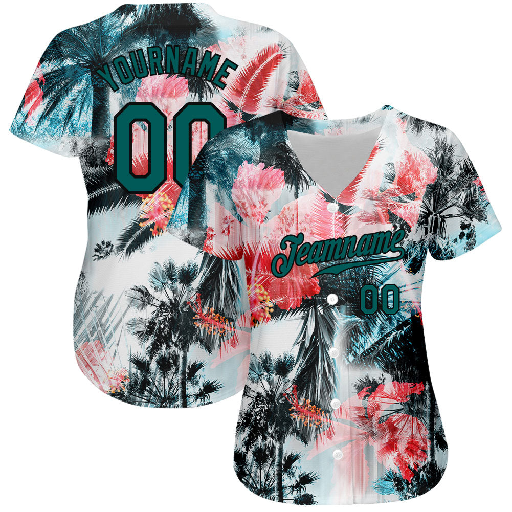 Custom White Midnight Green-Black 3D Pattern Design Hawaii Palm Trees Authentic Baseball Jersey view 2