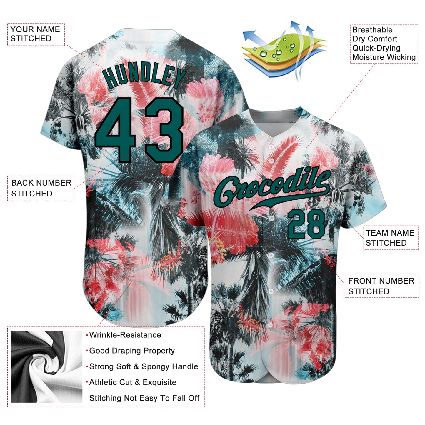 Custom White Midnight Green-Black 3D Pattern Design Hawaii Palm Trees Authentic Baseball Jersey view 3
