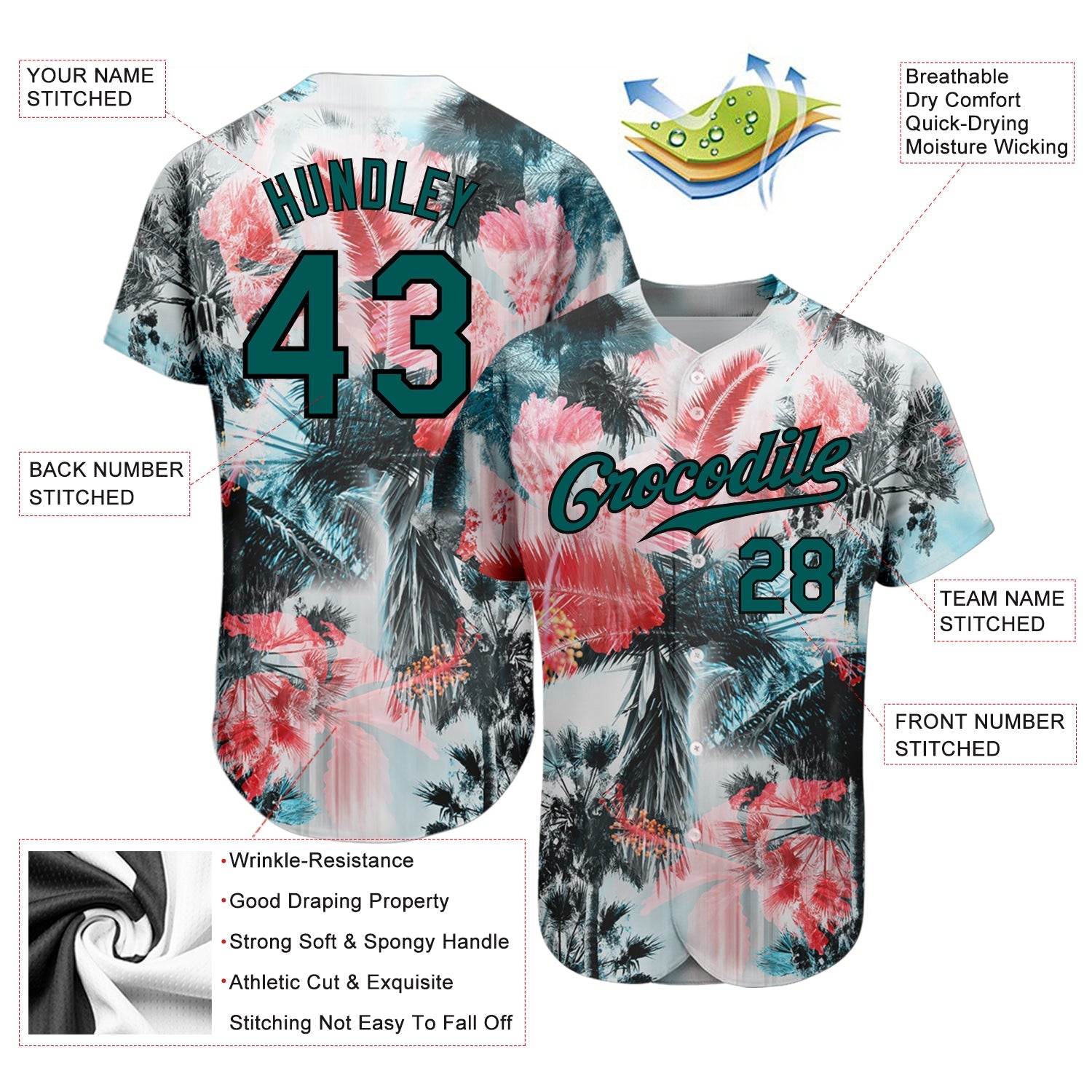 Custom White Midnight Green-Black 3D Pattern Design Hawaii Palm Trees Authentic Baseball Jersey view 3