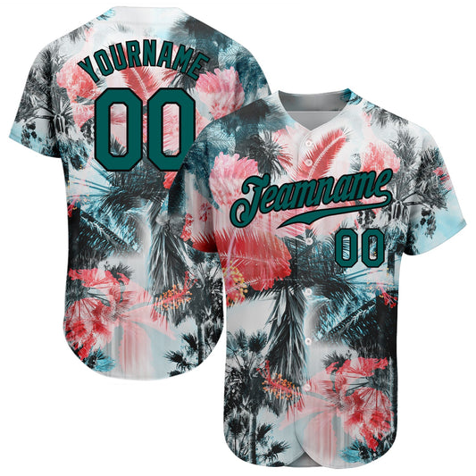 Custom White Midnight Green-Black 3D Pattern Design Hawaii Palm Trees Authentic Baseball Jersey - Main View