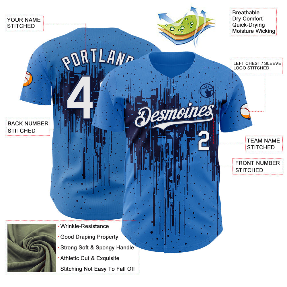 Custom Powder Blue White-Navy Dripping Splatter Paint Authentic Baseball Jersey view 3