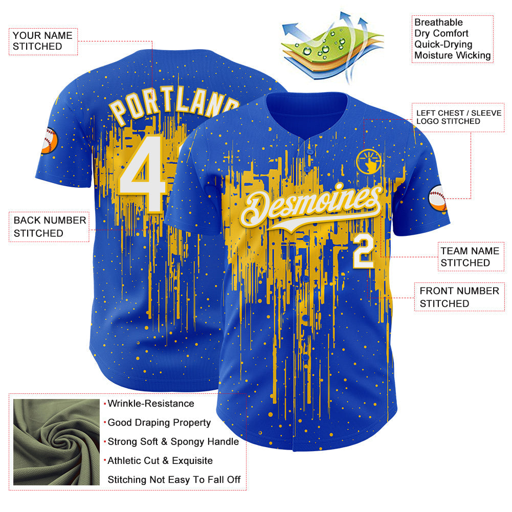 Custom Thunder Blue White-Yellow Dripping Splatter Paint Authentic Baseball Jersey view 3
