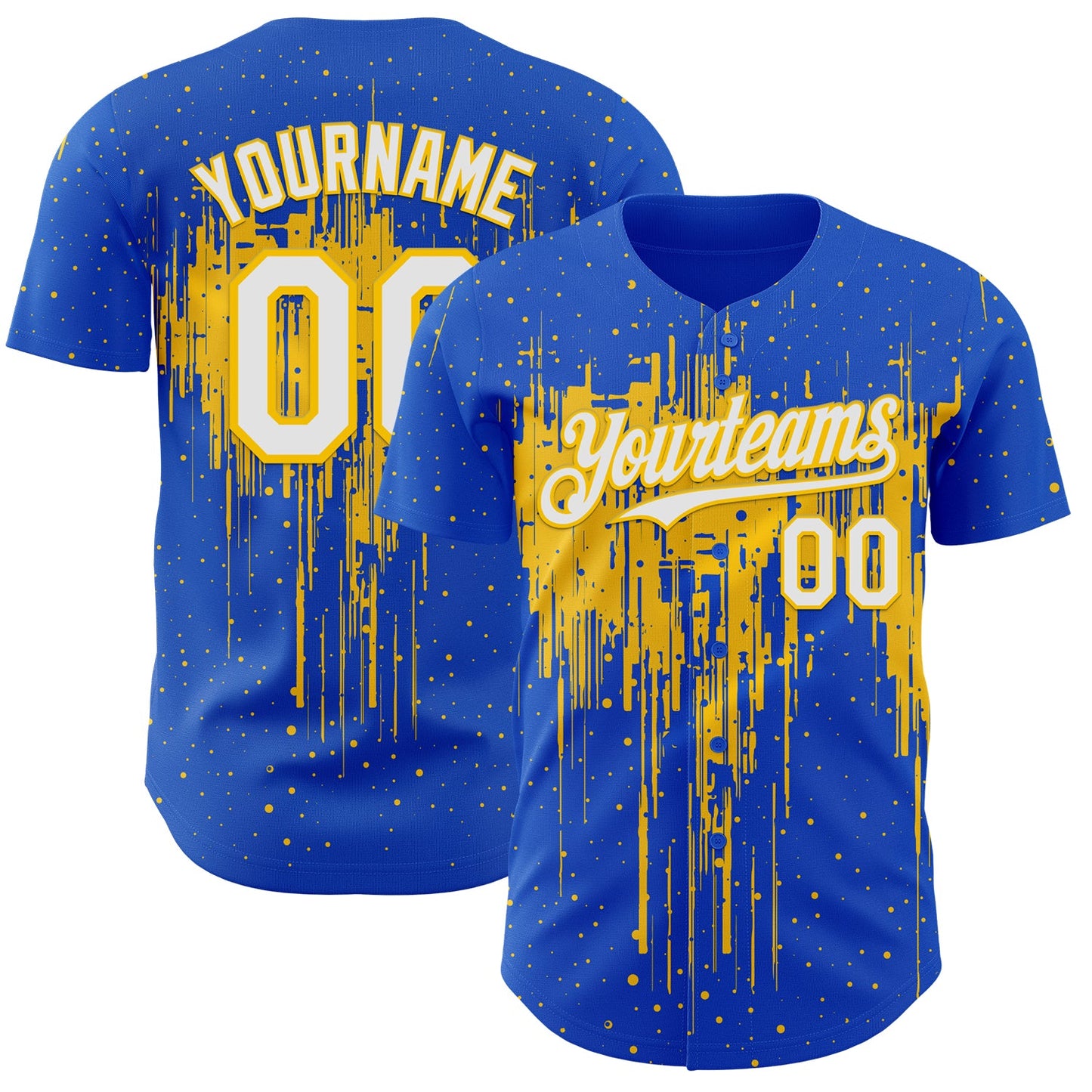 Custom Thunder Blue White-Yellow Dripping Splatter Paint Authentic Baseball Jersey - Main View