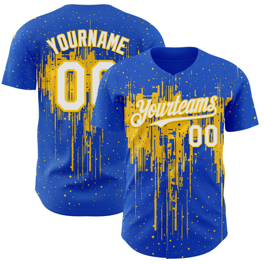 Custom Thunder Blue White-Yellow Dripping Splatter Paint Authentic Baseball Jersey - Main View
