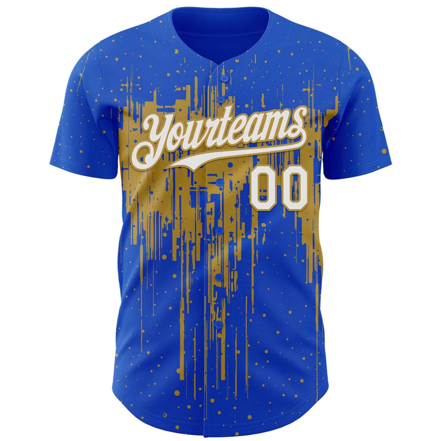 Custom Thunder Blue White-Old Gold Dripping Splatter Paint Authentic Baseball Jersey view 2