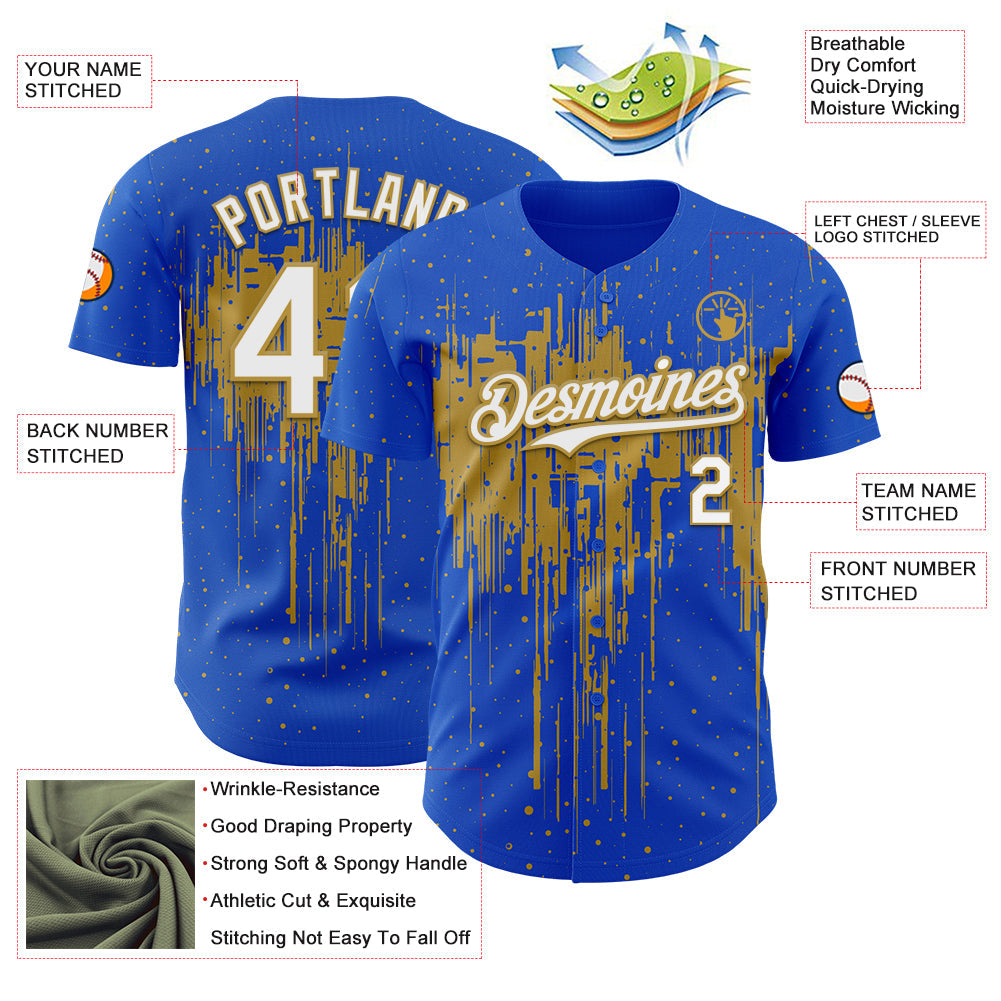 Custom Thunder Blue White-Old Gold Dripping Splatter Paint Authentic Baseball Jersey view 3