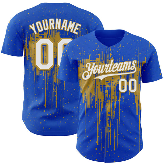 Custom Thunder Blue White-Old Gold Dripping Splatter Paint Authentic Baseball Jersey - Main View