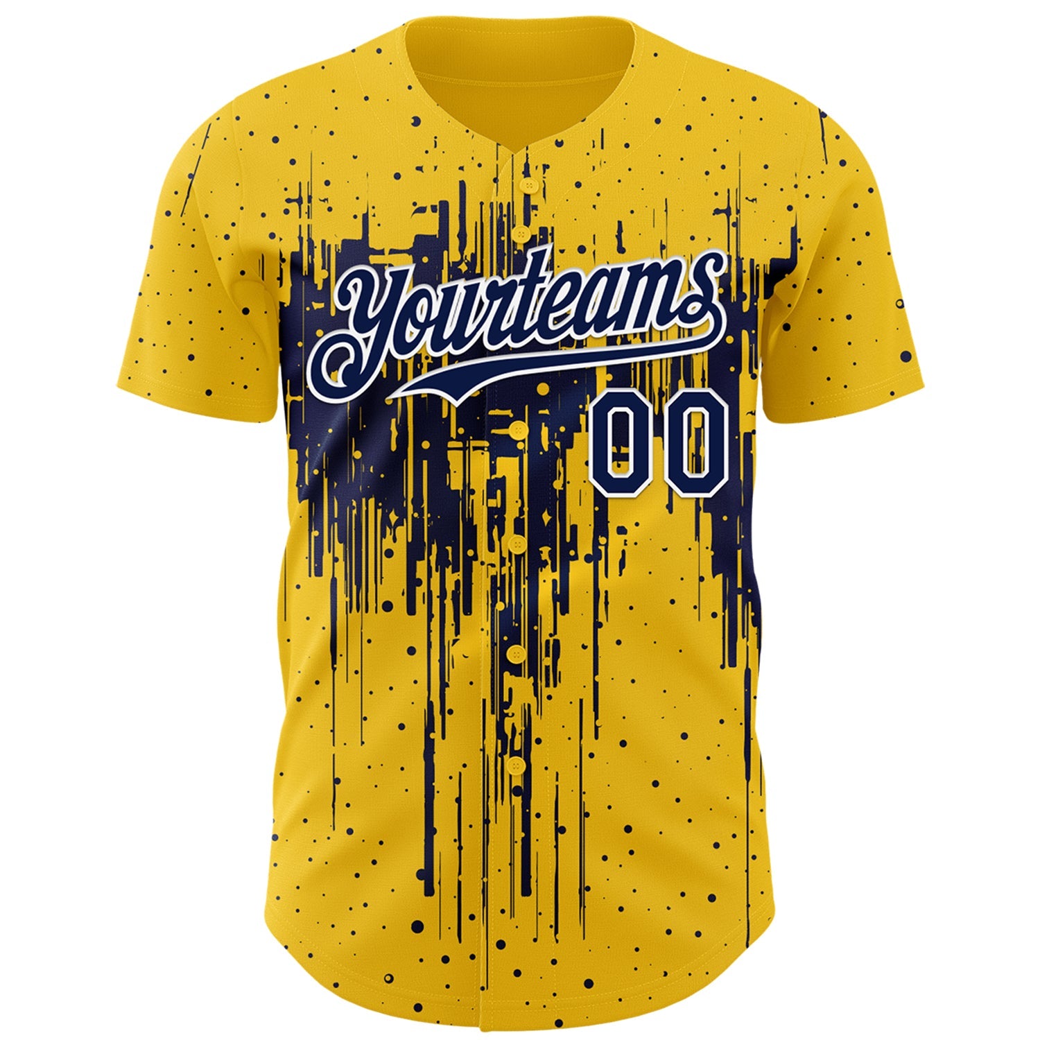 Custom Yellow Navy-White Dripping Splatter Paint Authentic Baseball Jersey view 2