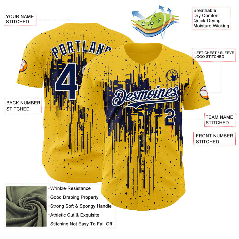 Custom Yellow Navy-White Dripping Splatter Paint Authentic Baseball Jersey view 3