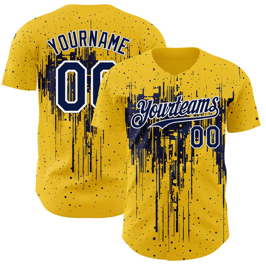 Custom Yellow Navy-White Dripping Splatter Paint Authentic Baseball Jersey - Main View