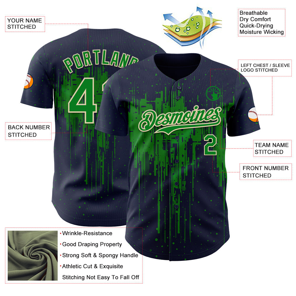 Custom Navy Grass Green-Cream Dripping Splatter Paint Authentic Baseball Jersey view 3