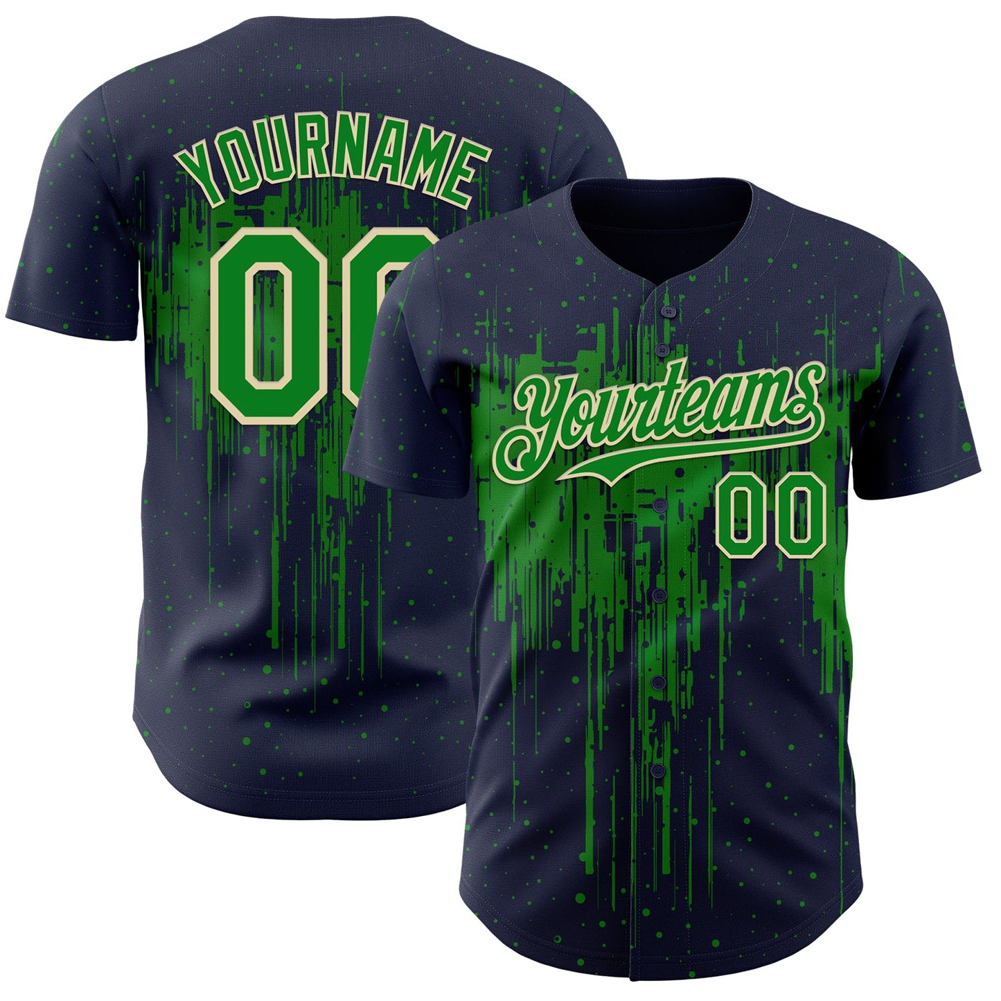 Custom Navy Grass Green-Cream Dripping Splatter Paint Authentic Baseball Jersey - Main View