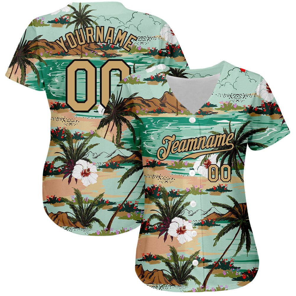 Custom Aqua Old Gold-Black 3D Pattern Design Hawaii Palm Trees And Flowers Authentic Baseball Jersey view 2