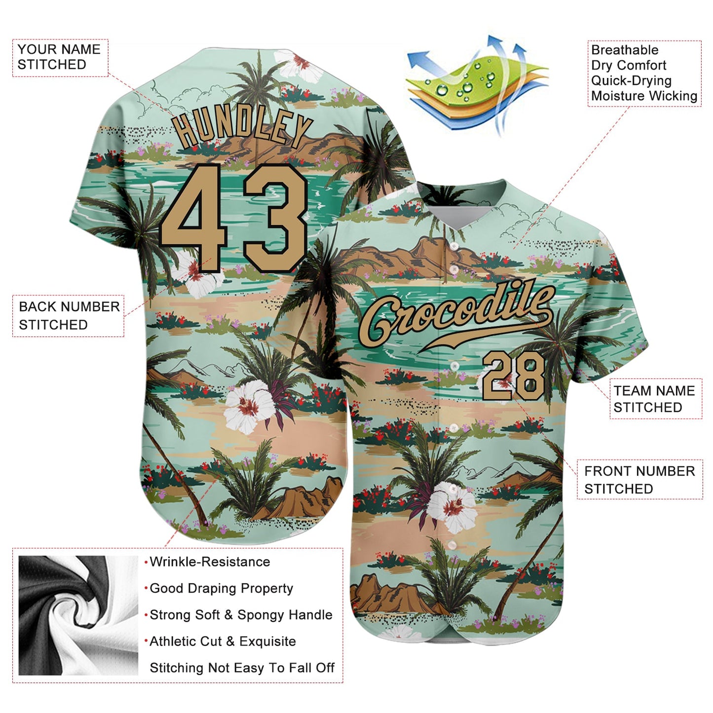 Custom Aqua Old Gold-Black 3D Pattern Design Hawaii Palm Trees And Flowers Authentic Baseball Jersey view 3