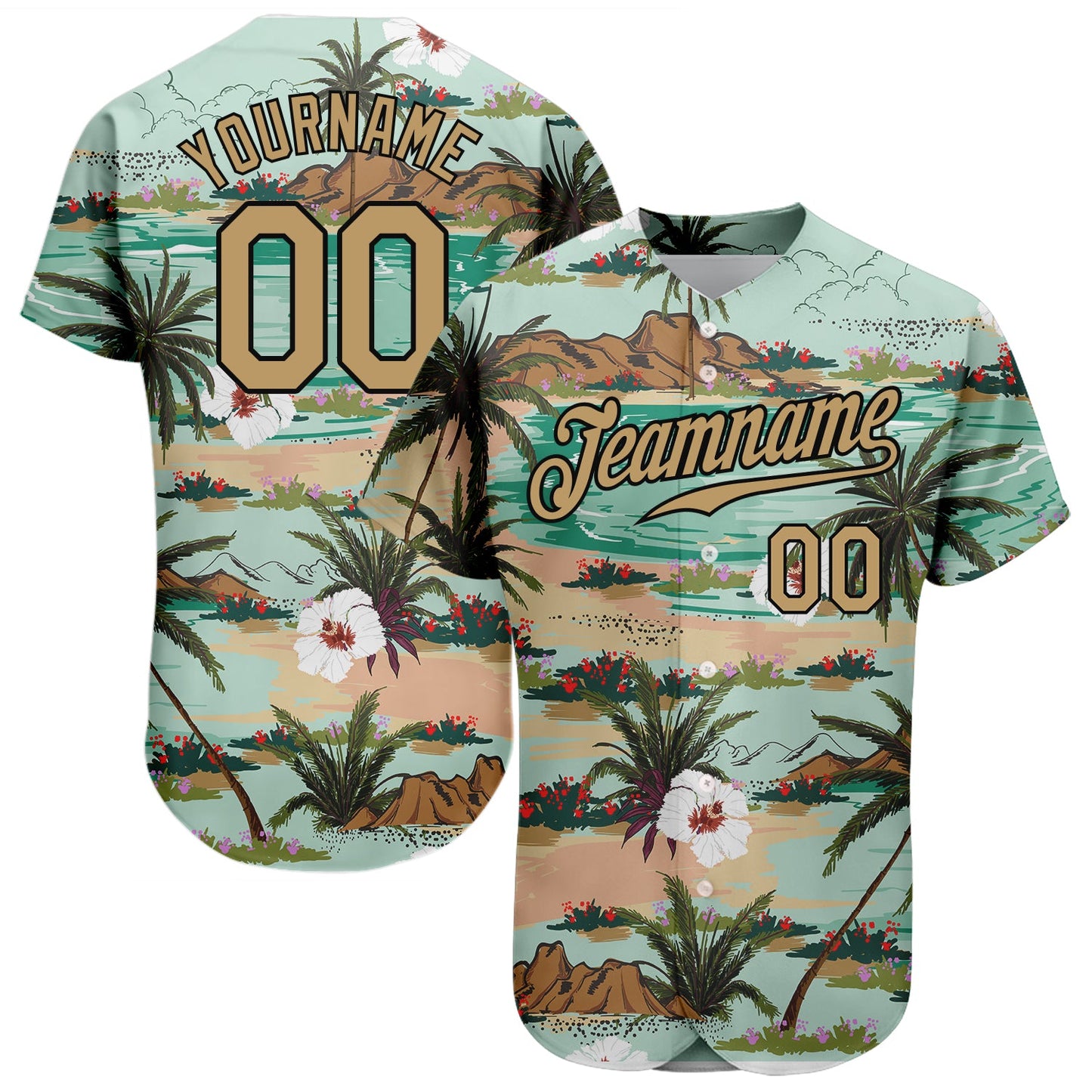 Custom Aqua Old Gold-Black 3D Pattern Design Hawaii Palm Trees And Flowers Authentic Baseball Jersey - Main View