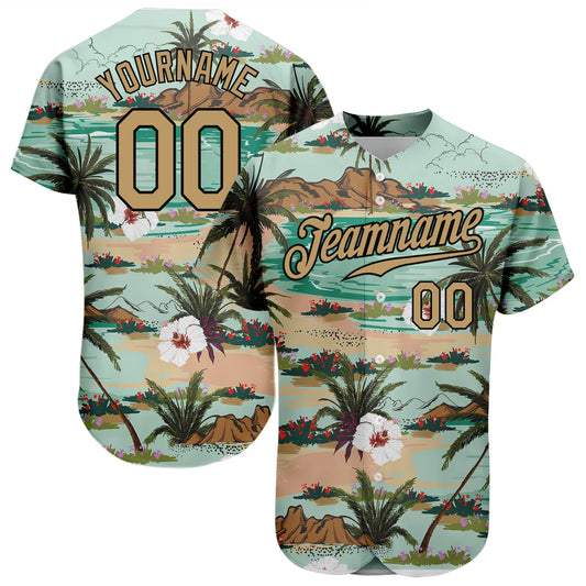 Custom Aqua Old Gold-Black 3D Pattern Design Hawaii Palm Trees And Flowers Authentic Baseball Jersey - Main View
