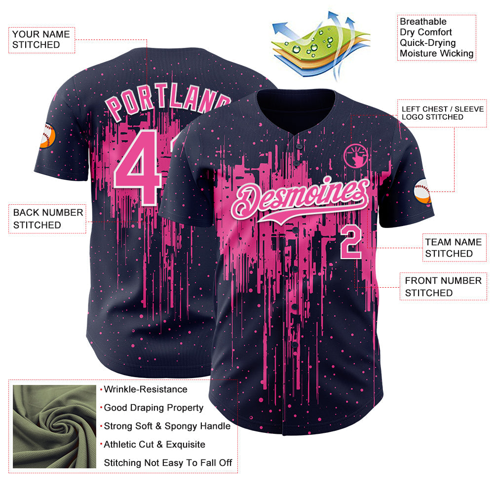 Custom Navy Pink-White Dripping Splatter Paint Authentic Baseball Jersey view 3
