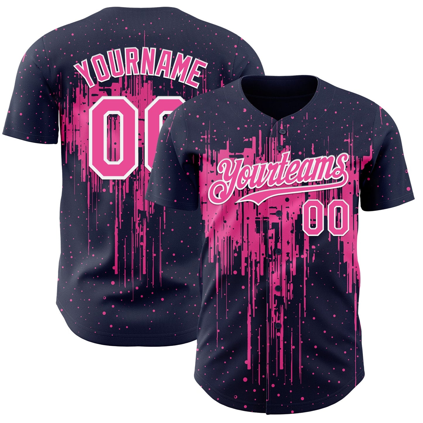 Custom Navy Pink-White Dripping Splatter Paint Authentic Baseball Jersey - Main View