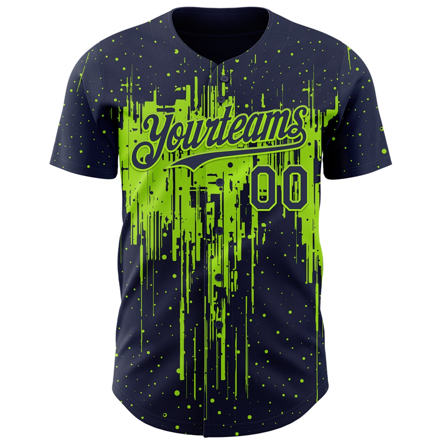 Custom Navy Neon Green Dripping Splatter Paint Authentic Baseball Jersey view 2